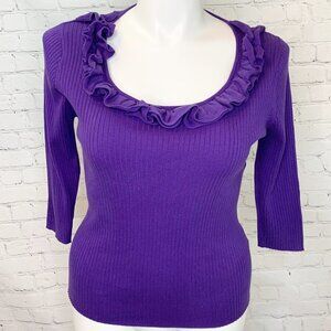PURPLE RUFFLE FRONT RIBBED AUGUST SILK SWEATER - LARGE